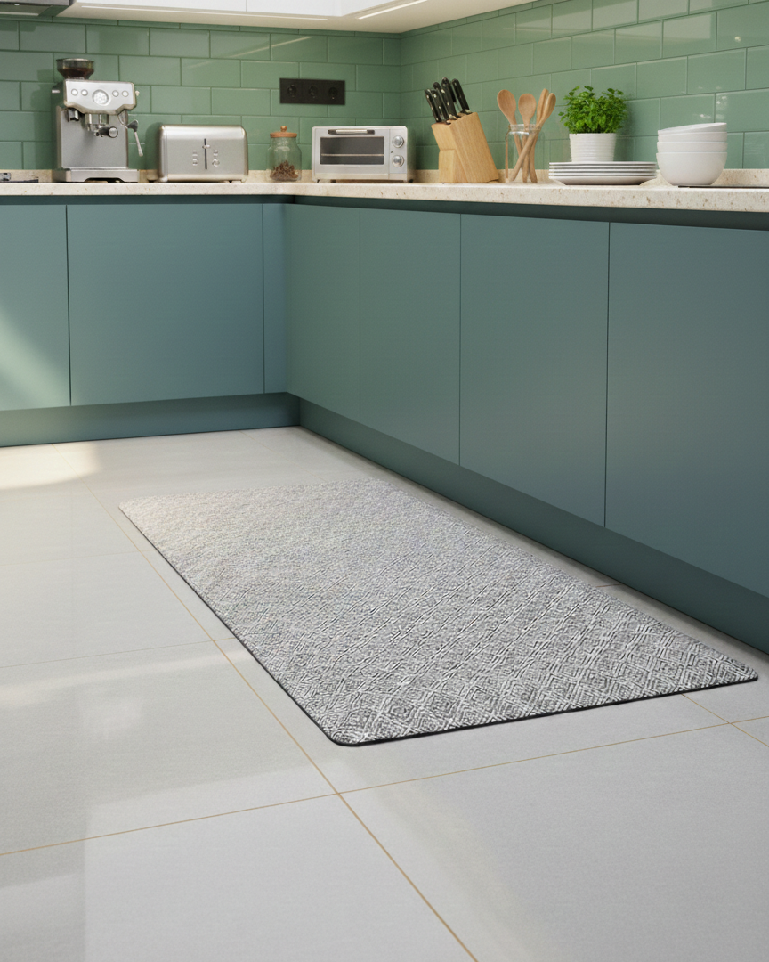Kitchen with teal cabinets, a gray rug on the floor, and kitchen appliances.